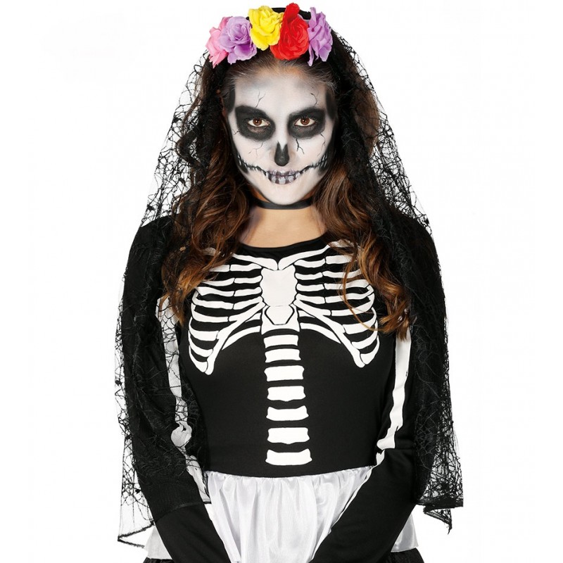 Diadema con Flores y velo del Dia de los Muertos
