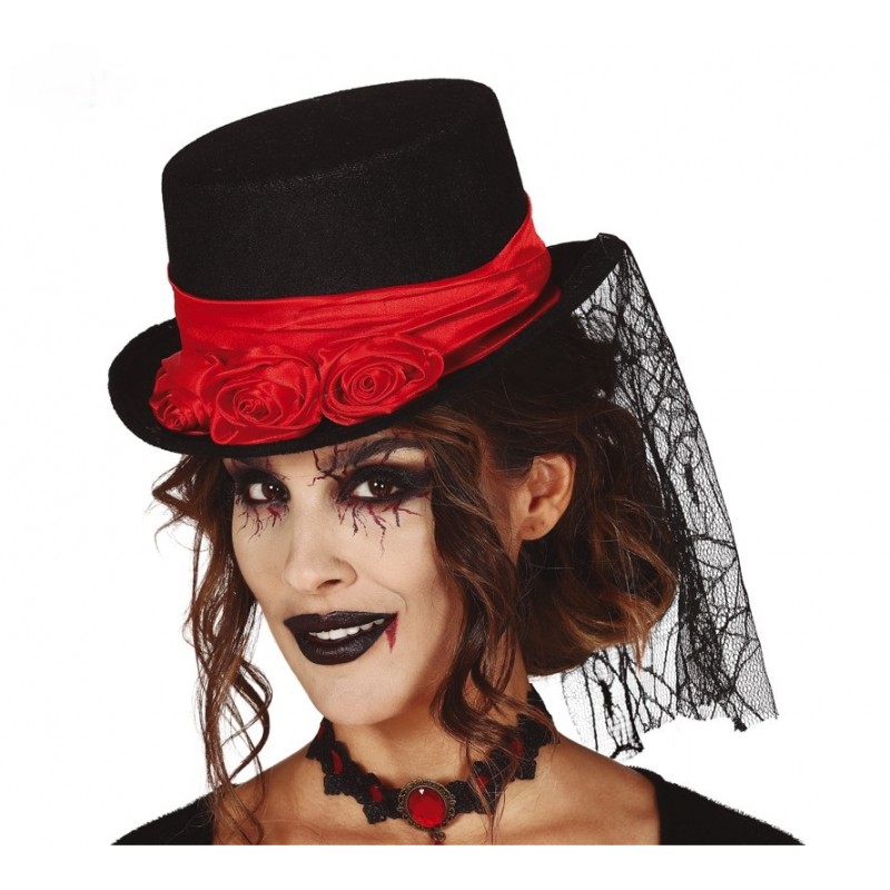 Chistera Negra con Rosas y Velo