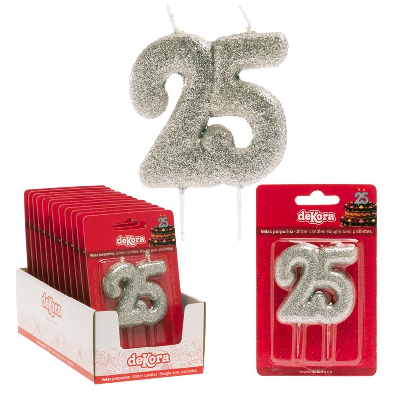 Vela 25 Aniversario Purpurina Plata