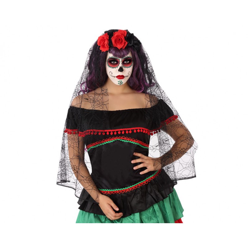 Diadema de Catrina con  Flores y Velo