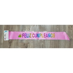 Banda Feliz Cumpleaños Destellos Rosa y Blanca