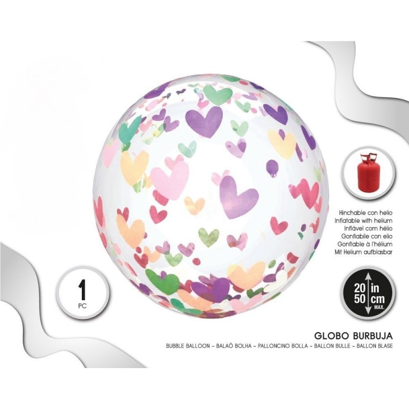 Globo Burbuja Corazones Multicolor 20" 50 cm.