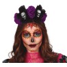 Diadema Catrina Flores Negras y Lilas con Calaveras