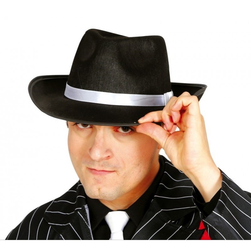 Sombrero de Gánster Negro con Cinta Blanca para Adultos
