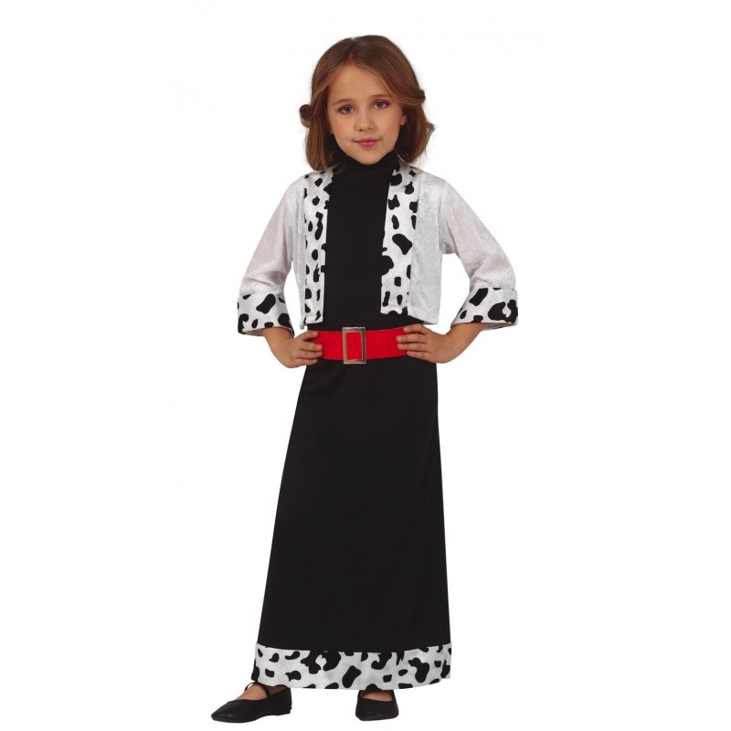 Niña con disfraz de Villana Cruel inspirado en Cruella con vestido negro, chaqueta con manchas y cinturón rojo.