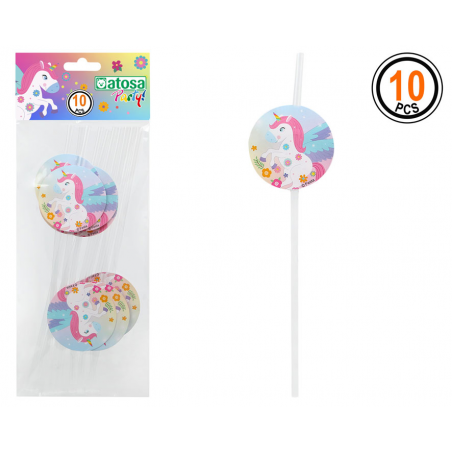 SET 10 PAJILLAS UNICORNIO MULTICOLOR 10 CM CON DECORACIÓN