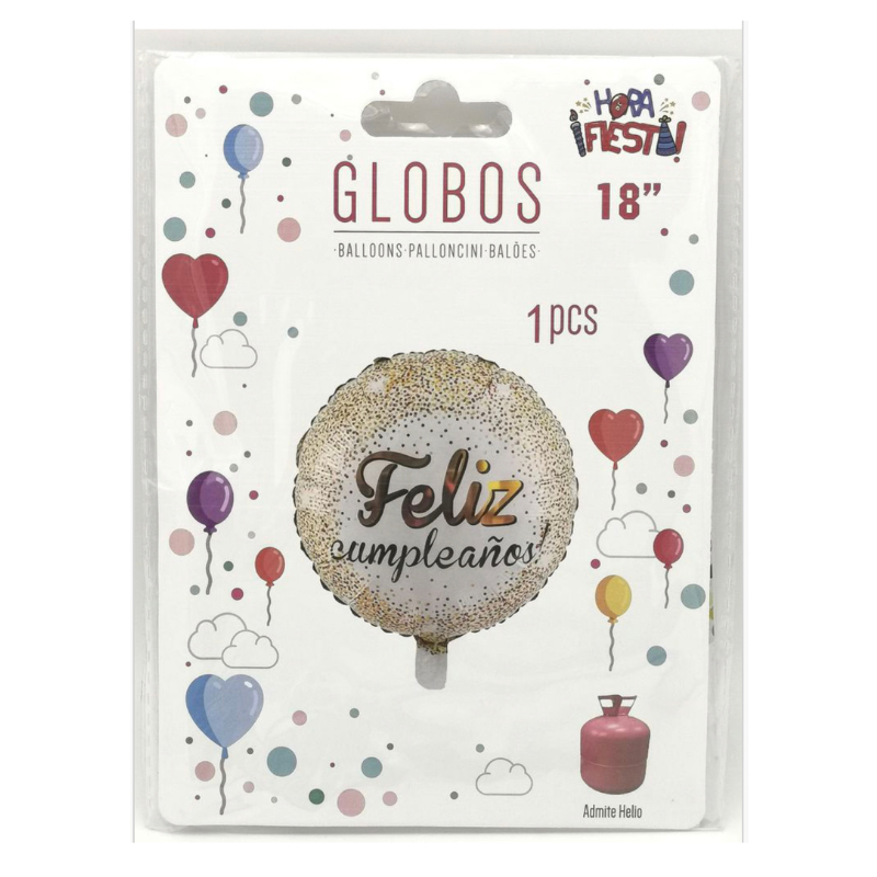 Globo Feliz Cumpleaños Blanco Dorado 45 cm.