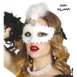 Antifaz Blanco con Pluma