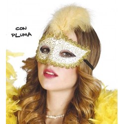 Antifaz Oro con Pluma