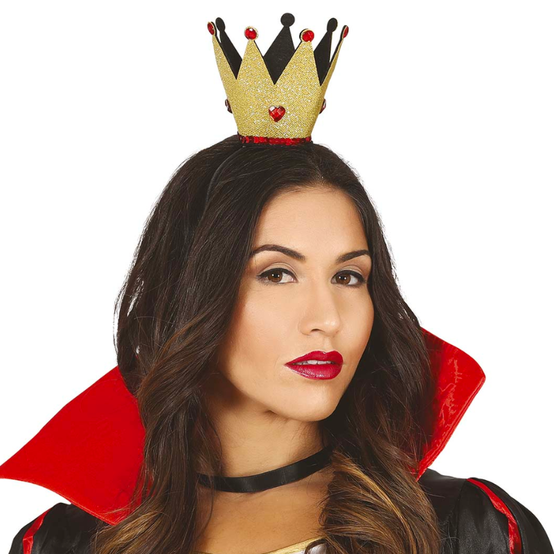 Diadema Corona Dorada con Piedras Rojas para Disfraz de Reina de Corazones.