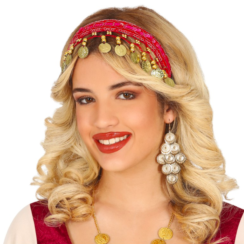 Diadema Roja con Monedas Doradas