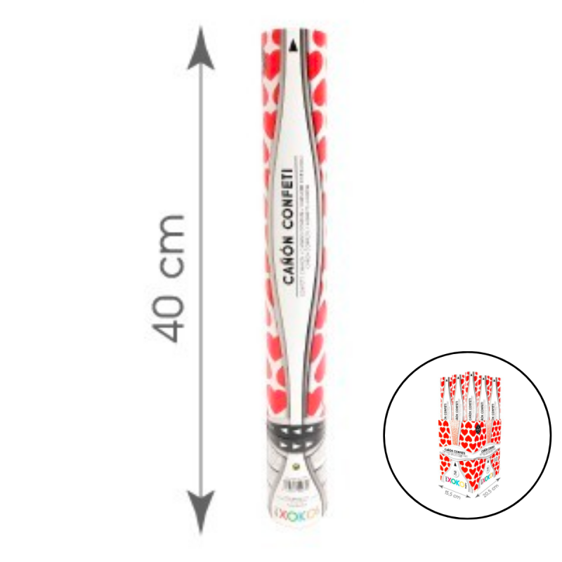 Cañón de Confeti Corazones Rojos 40 cm. Alcance 4 metros