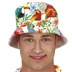 Gorro Hawaiano Blanco Estampado Loros y Flores - Adulto