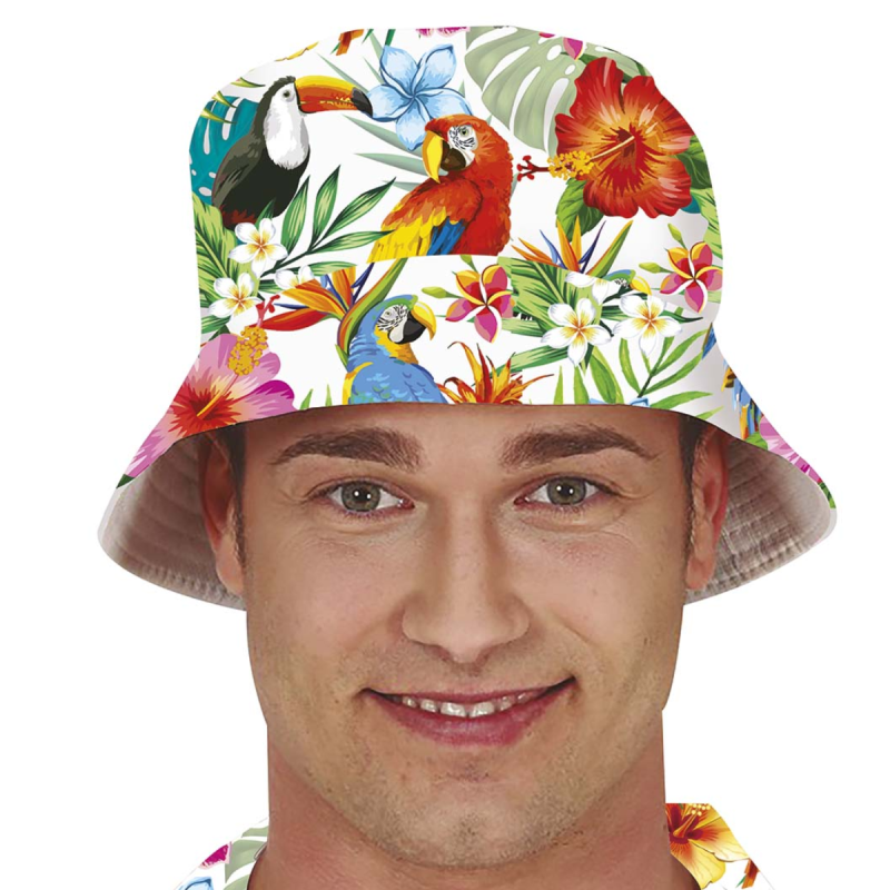 Gorro Hawaiano Blanco Estampado Loros y Flores - Adulto