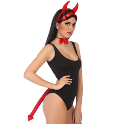 Set Diablesa Roja de Diadema Cuernos, Pajarita y Cola Demonia