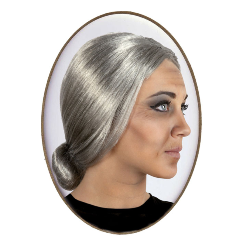 Peluca Gris Cano de Abuela con Moño