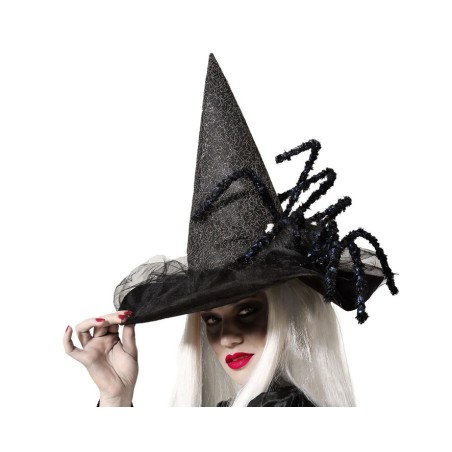SOMBRERO DE BRUJA NEGRO CON ARAÑA MUJER ADULTO