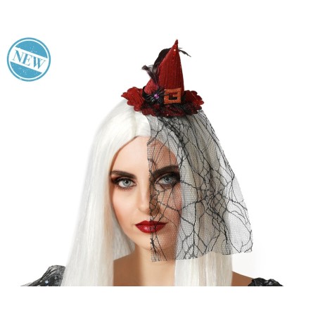 DIADEMA HALLOWEEN SOMBRERO BRUJA ROJO CON VELO MUJER ADULTO