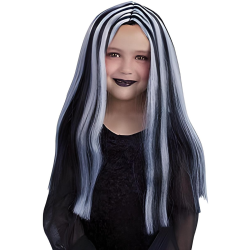Peluca Bruja Melena Larga Lisa Negra con Mechas Blancas Infantil