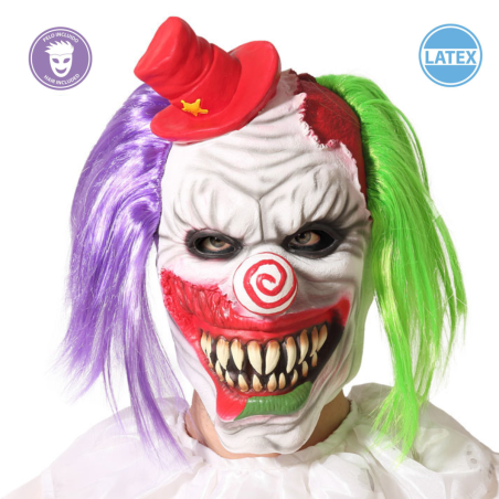 Máscara Payaso Asesino con Pelo Colores y Sombrero Rojo para Adulto - Disfraz de Halloween