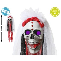 ACCESORIO HALLOWEEN COLGANTE CALAVERA BLANCA ROJO CON LUZ 75 CM