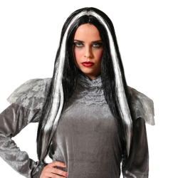 Peluca Melena Negra con Mechón Blanco 60 cm.