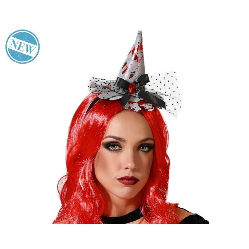 DIADEMA SOMBRERO BRUJA GRIS MANCHAS SANGRE