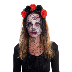 Diadema Rosas Catrina Rojas y Negras con Velo Adulto