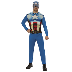 Hombre disfrazado de Capitán América con jumpsuit azul y máscara, inspirado en el personaje líder de los Vengadores de Marvel