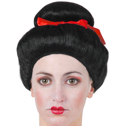Peluca Geisha Adulto Negra con Moño y Lazo - Auténtico Estilo Japonés