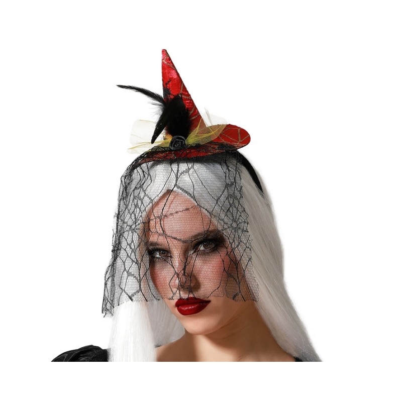 DIADEMA SOMBRERO BRUJA ROJO VELO PLUMAS HALLOWEEN