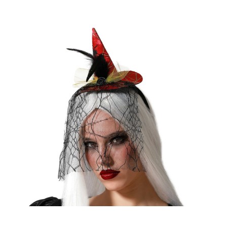 DIADEMA SOMBRERO BRUJA ROJO VELO PLUMAS HALLOWEEN