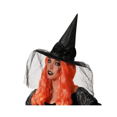 SOMBRERO DE BRUJA ROSAS NEGRAS Y VELO HALLOWEEN