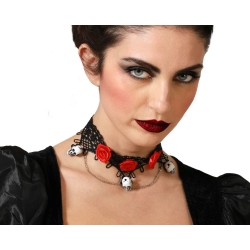 COLLAR CATRINA ROJO NEGRO ROSAS Y CALAVERAS MUJER ADULTO