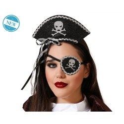 KIT PIRATA DIADEMA Y PARCHE NEGRO BRILLANTE CON LAZO