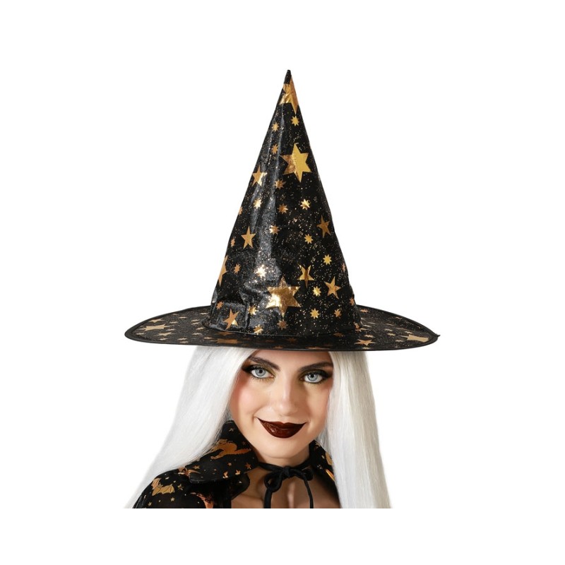 SOMBRERO DE BRUJA NEGRO ESTRELLAS DORADAS