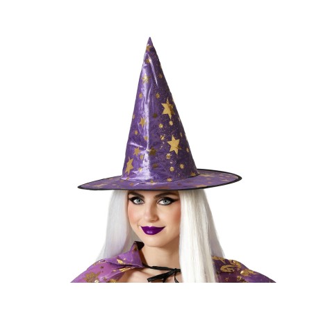 SOMBRERO DE BRUJA MORADO ESTRELLAS MUJER ADULTO