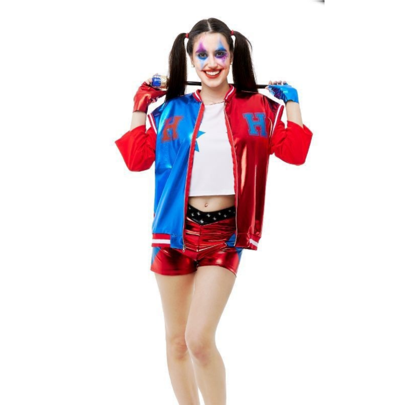 Disfraz de Jokers Baby Adulto inspirado en Harley Quinn con chaqueta, camiseta, pantalón corto y guantes.