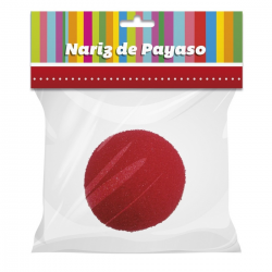 Nariz de payaso de espuma empaquetada, complemento ideal para disfraces de payaso y fiestas temáticas.