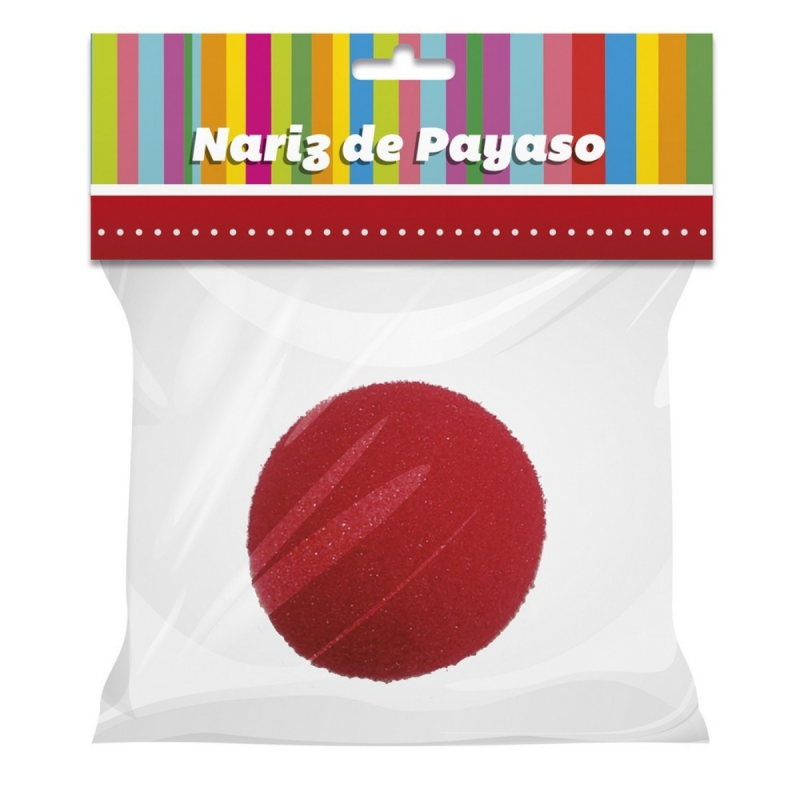 Nariz de payaso de espuma empaquetada, complemento ideal para disfraces de payaso y fiestas temáticas.