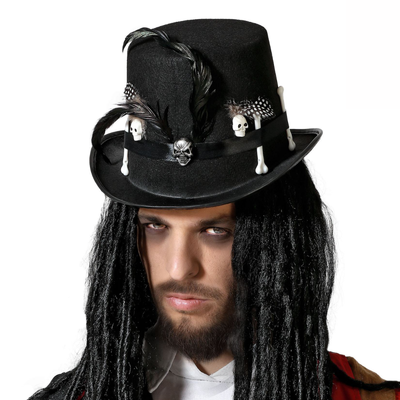 Sombrero Negro de Hechicero con Calaveras y Plumas para Adulto - Complemento de Disfraz de Halloween