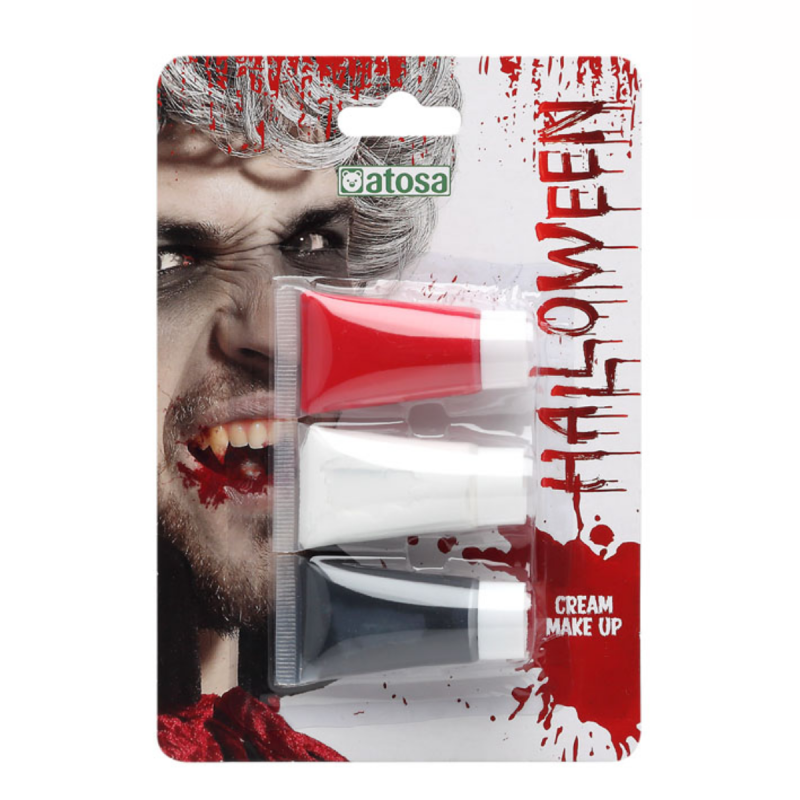 Set de Maquillaje Halloween con 3 colores (blanco, rojo y negro) en tubos de 9 gramos.