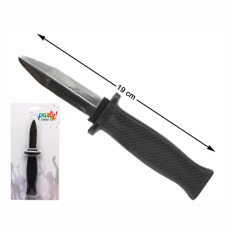 Cuchillo retráctil de broma de 19 cm, accesorio para disfraces de Halloween y fiestas temáticas de terror.