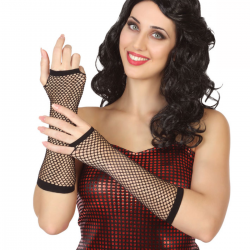 Mujer con guantes largos de rejilla sin dedos, accesorio perfecto para disfraces y fiestas temáticas.