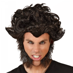 Peluca Hombre Lobo Morena - Accesorio de Disfraz de Halloween con pelo largo ondulado y patillas negras