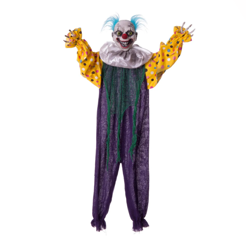Payaso Colgante Amarillo con luces y sonido – Decoración de Halloween realista de 90 cm