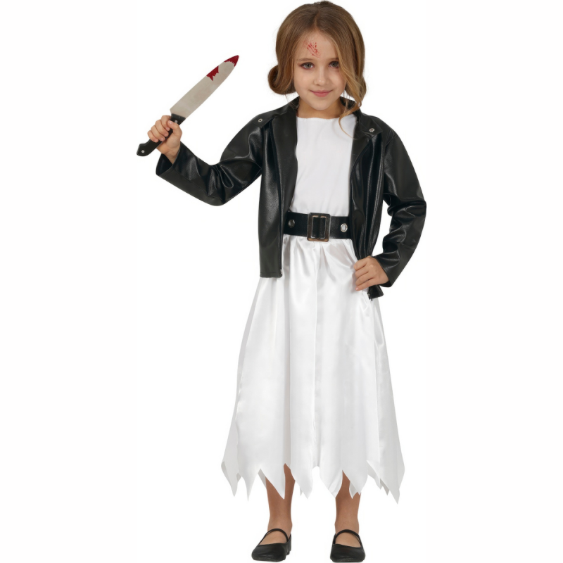 Niña disfrazada de Doll Bride con chaqueta negra, vestido blanco y cinturón.