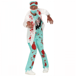 Disfraz de enfermero zombie para adultos con chaqueta, pantalón y accesorios ensangrentados.