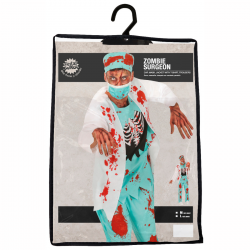 Disfraz de enfermero zombie para adultos con chaqueta, pantalón y accesorios ensangrentados.