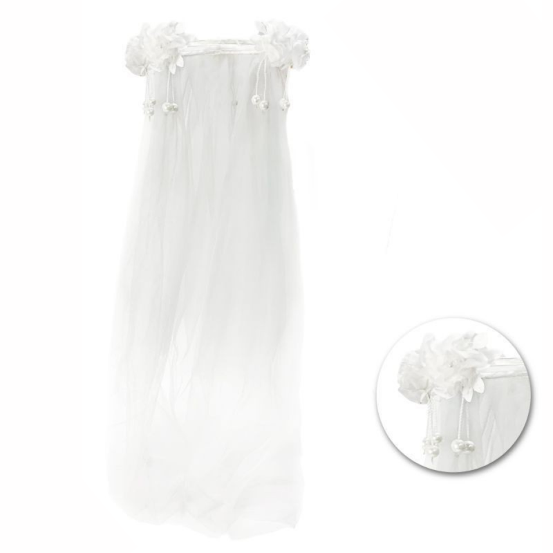 Velo de novia blanco con flores y perlas